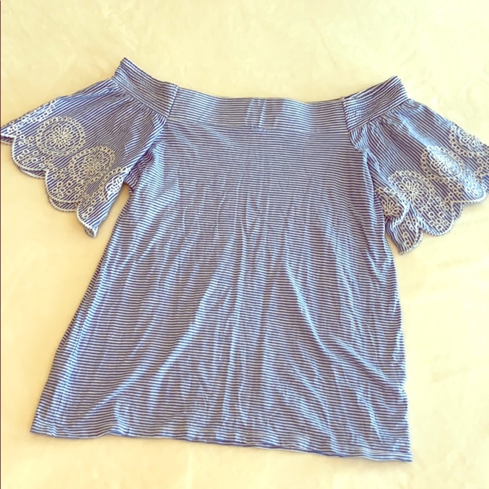 Loft off the shoulder blue and white top
